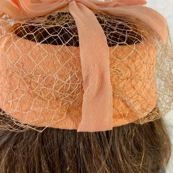 Vintage 1960s Skol Nips by Max Skolnick Peach Ribbon Whimsy Hat Curly Q's net - Picture 6 of 9